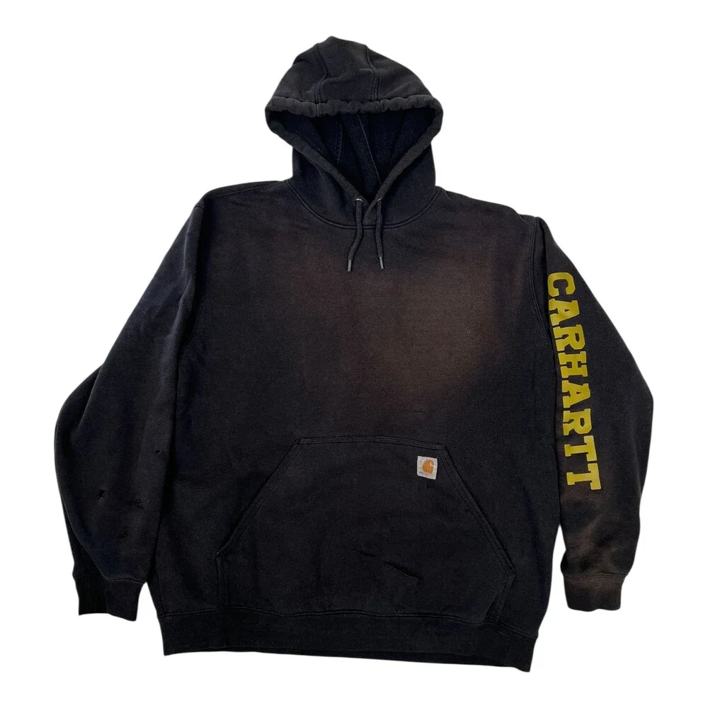 Carhartt Hoodie Sweatshirt Mens XL Black Spell Out Arm Sun Faded Thrashed